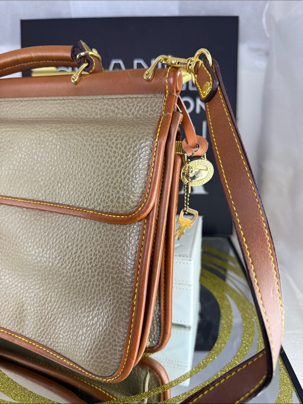 Dooney & Bourke Gold and Tan Pebbled Leather Satchel with Strap - Picture 6 of 7